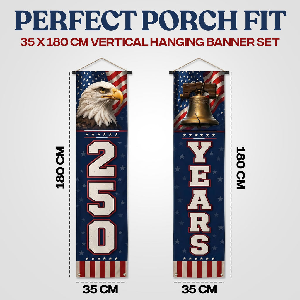 USA 250 Years Porch Banner 14x72 Inch – 2 Patriotic 250th Anniversary Banners For 4th of July Decorations – Red Navy Blue Eagle USA Map Stars - Vertical Hanging Entryway Décor