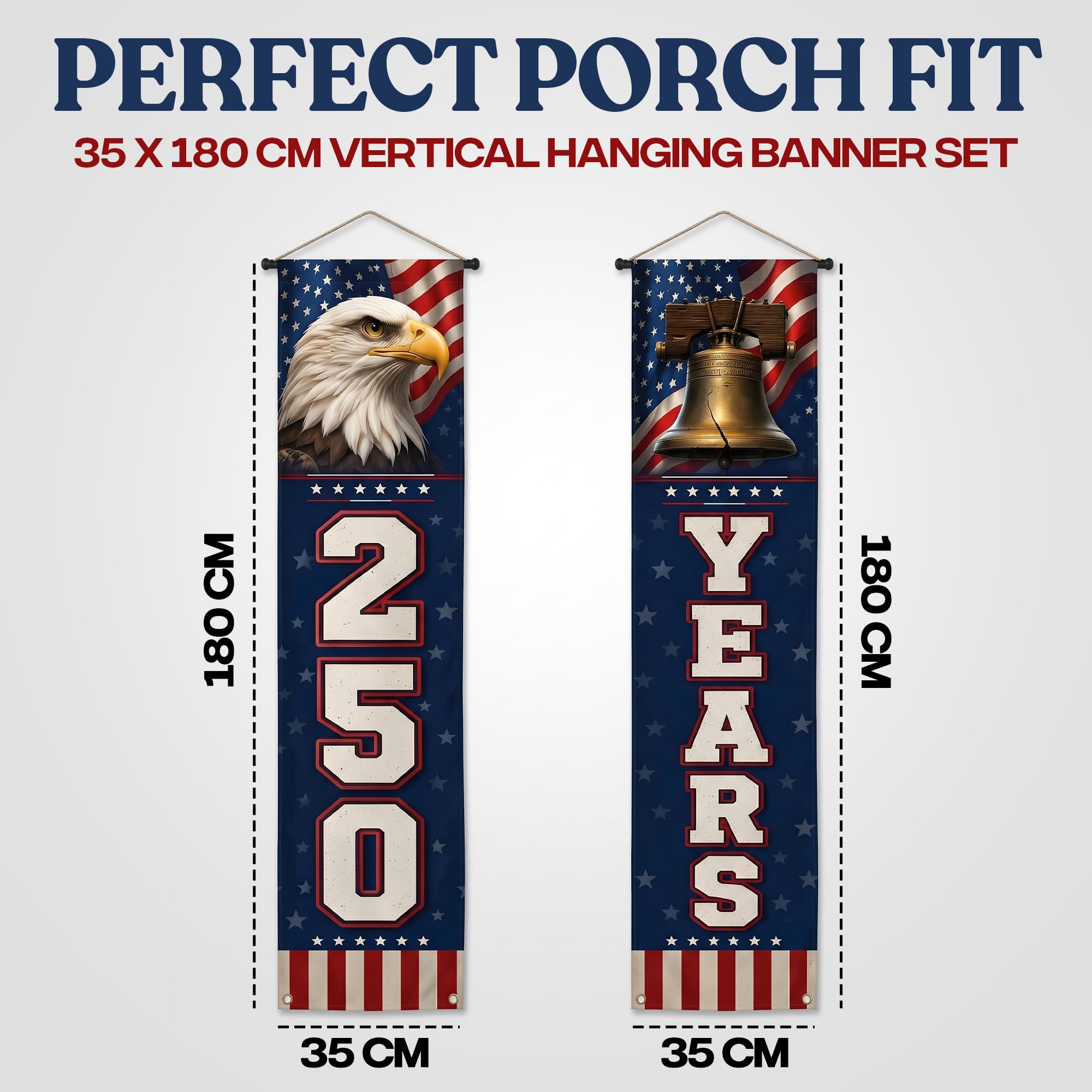 USA 250 Years Porch Banner 14x72 Inch – 2 Patriotic 250th Anniversary Banners For 4th of July Decorations – Red Navy Blue Eagle USA Map Stars - Vertical Hanging Entryway Décor