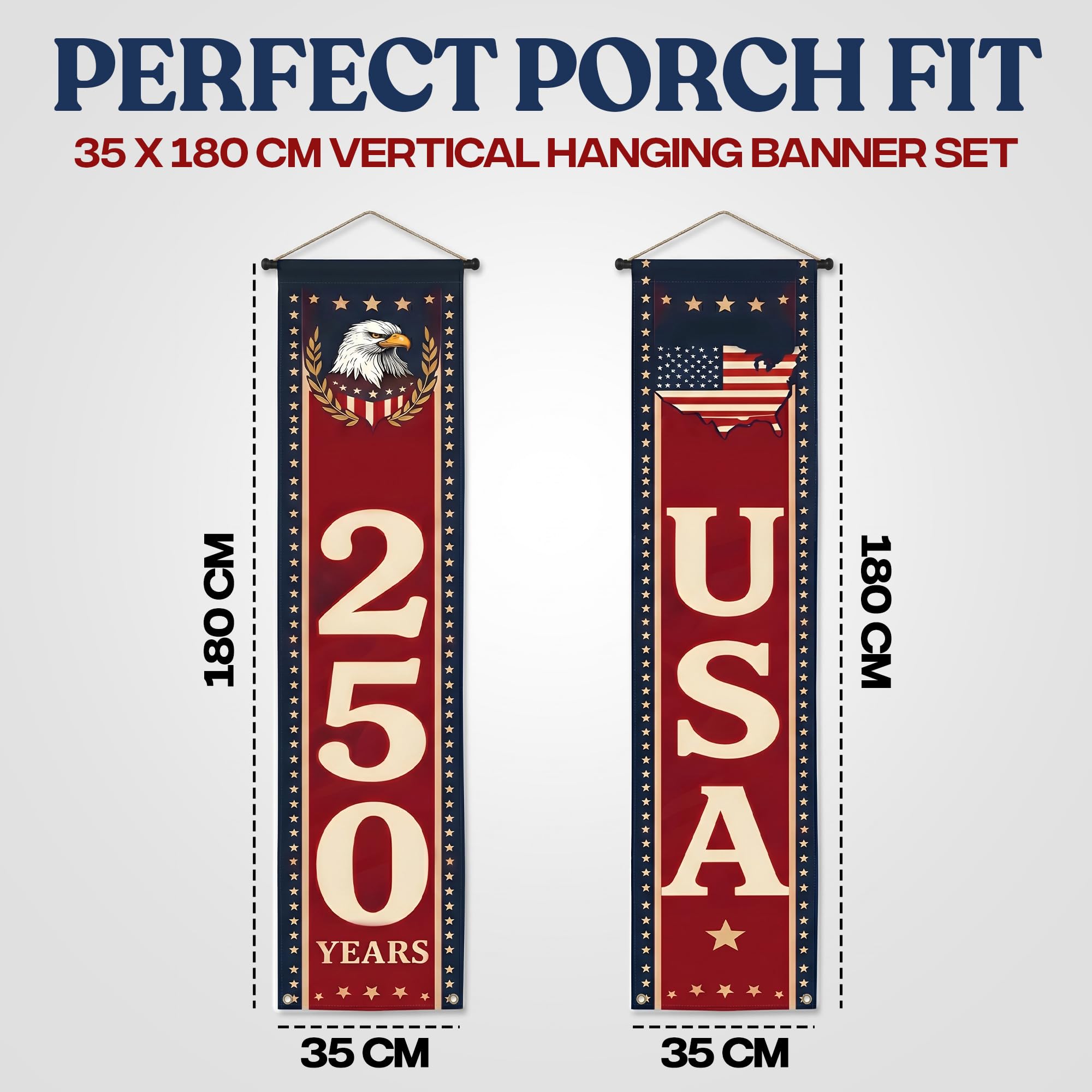 USA 250 Years Porch Banner 14x72 Inch – 2 Patriotic 250th Anniversary Banners For 4th of July Decorations – Red Navy Blue Eagle USA Map Stars - Vertical Hanging Entryway Décor