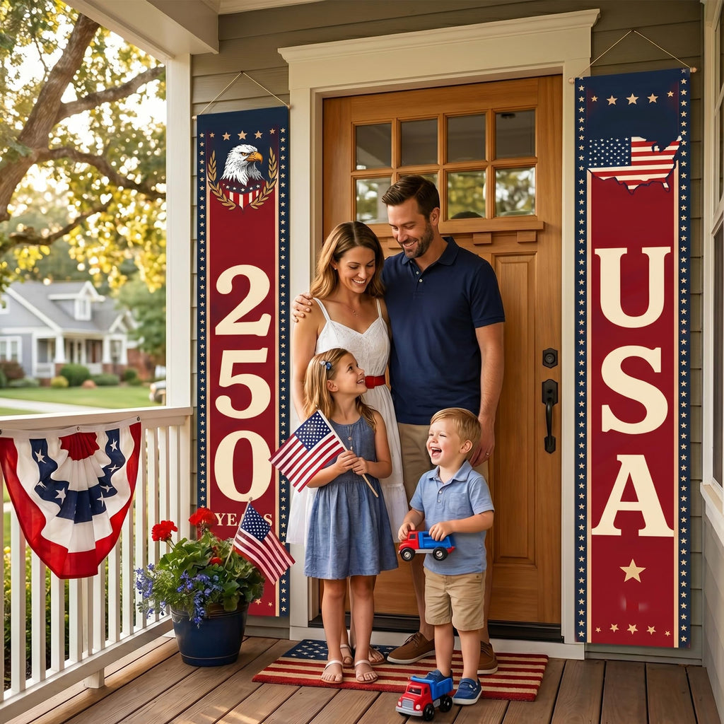 USA 250 Years Porch Banner 14x72 Inch – 2 Patriotic 250th Anniversary Banners For 4th of July Decorations – Red Navy Blue Eagle USA Map Stars - Vertical Hanging Entryway Décor