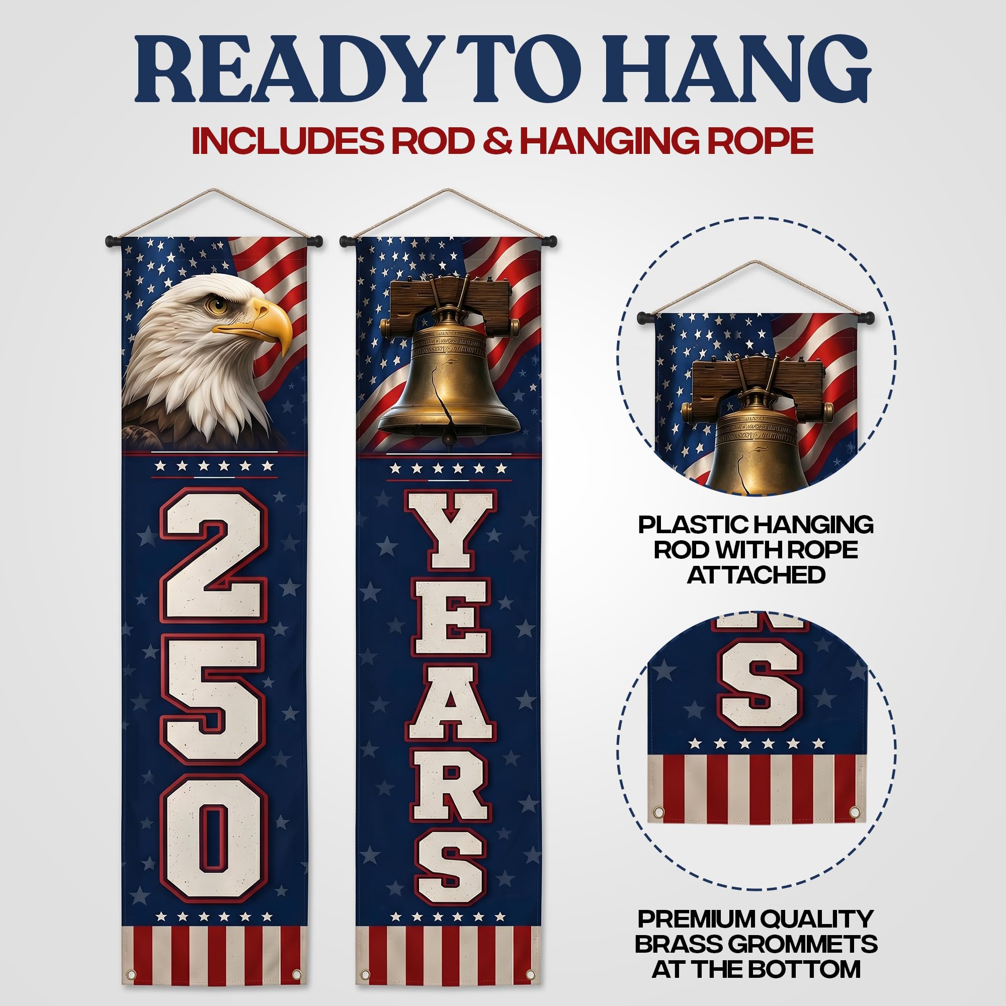 USA 250 Years Porch Banner 14x72 Inch – 2 Patriotic 250th Anniversary Banners For 4th of July Decorations – Red Navy Blue Eagle USA Map Stars - Vertical Hanging Entryway Décor
