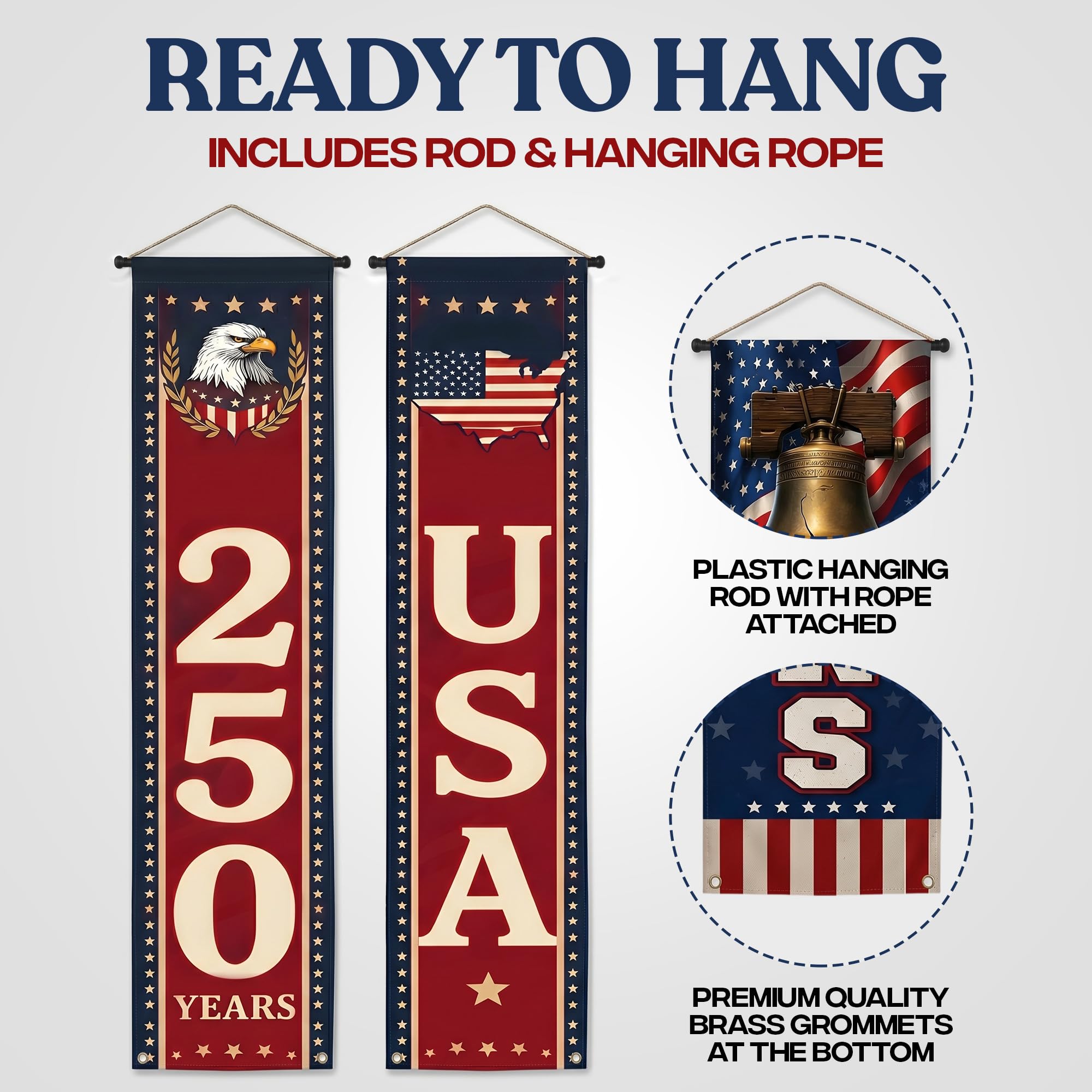 USA 250 Years Porch Banner 14x72 Inch – 2 Patriotic 250th Anniversary Banners For 4th of July Decorations – Red Navy Blue Eagle USA Map Stars - Vertical Hanging Entryway Décor