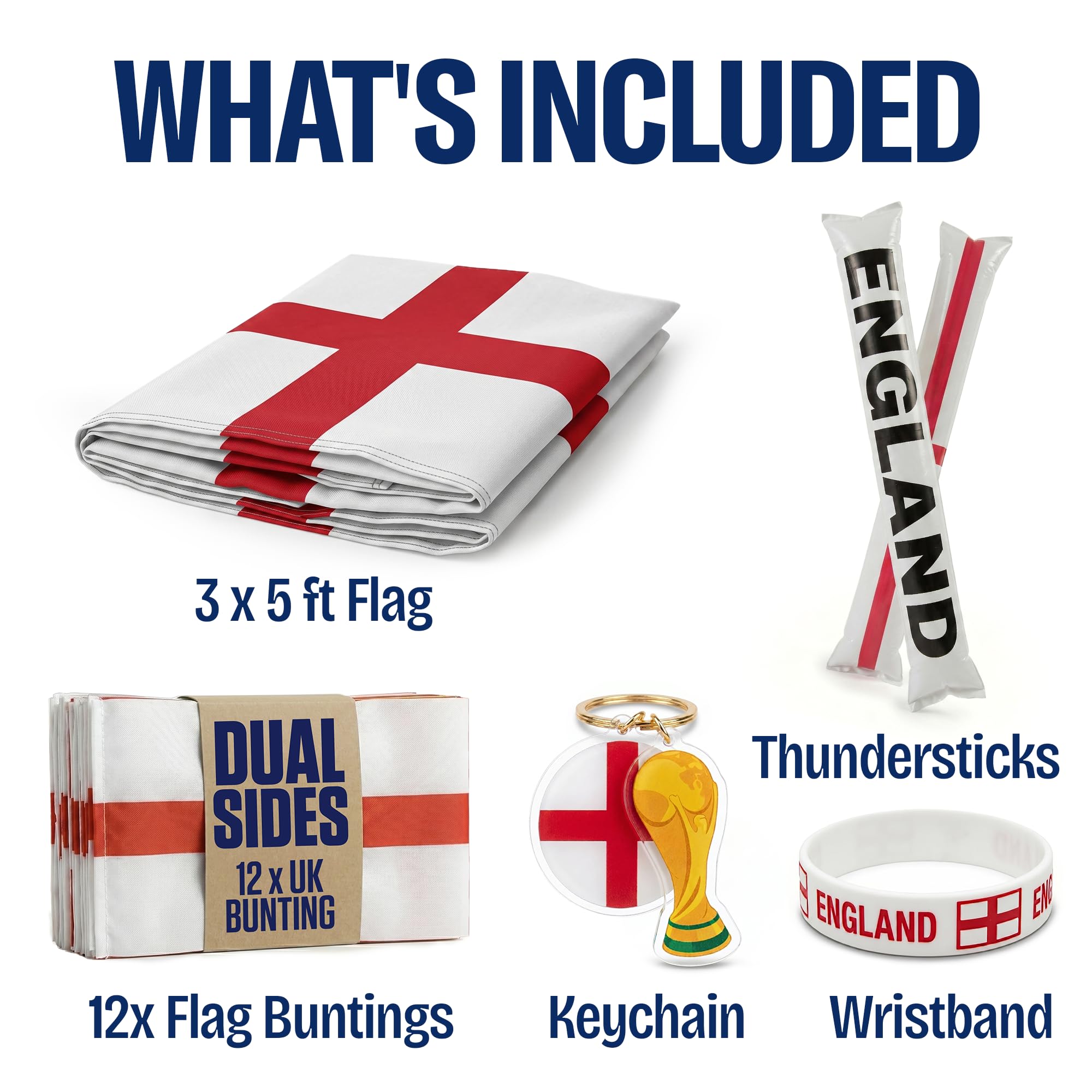 2026 World Cup Supporter Set – Bunting, Thundersticks, Wristband & Keyring – Football Fan Set for World Cup, Parties & Events, USA/Mexico/England