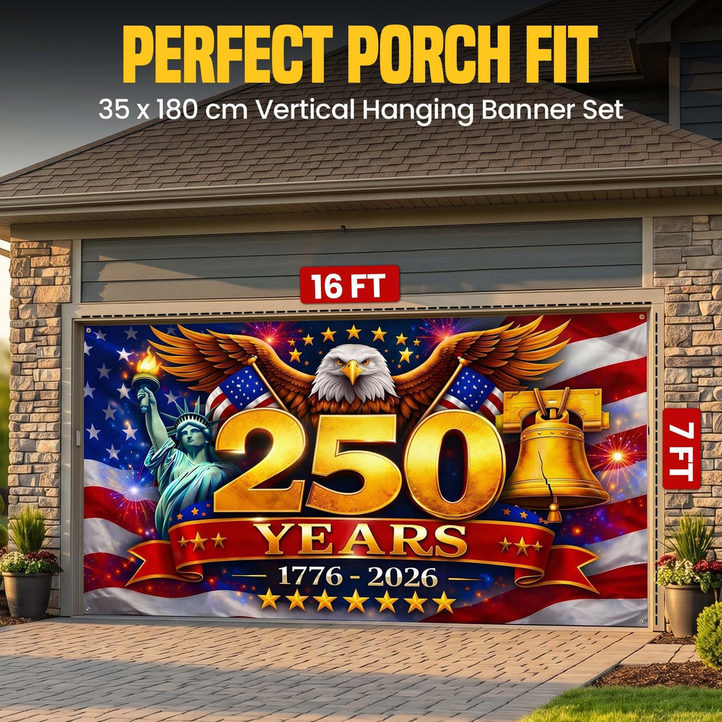 USA 250th Anniversary Garage Door Banner 7x16 Ft – America 1776 2026 Patriotic Bald Eagle Outdoor Large Banner 4th of July, Independence Day, America Home Decor