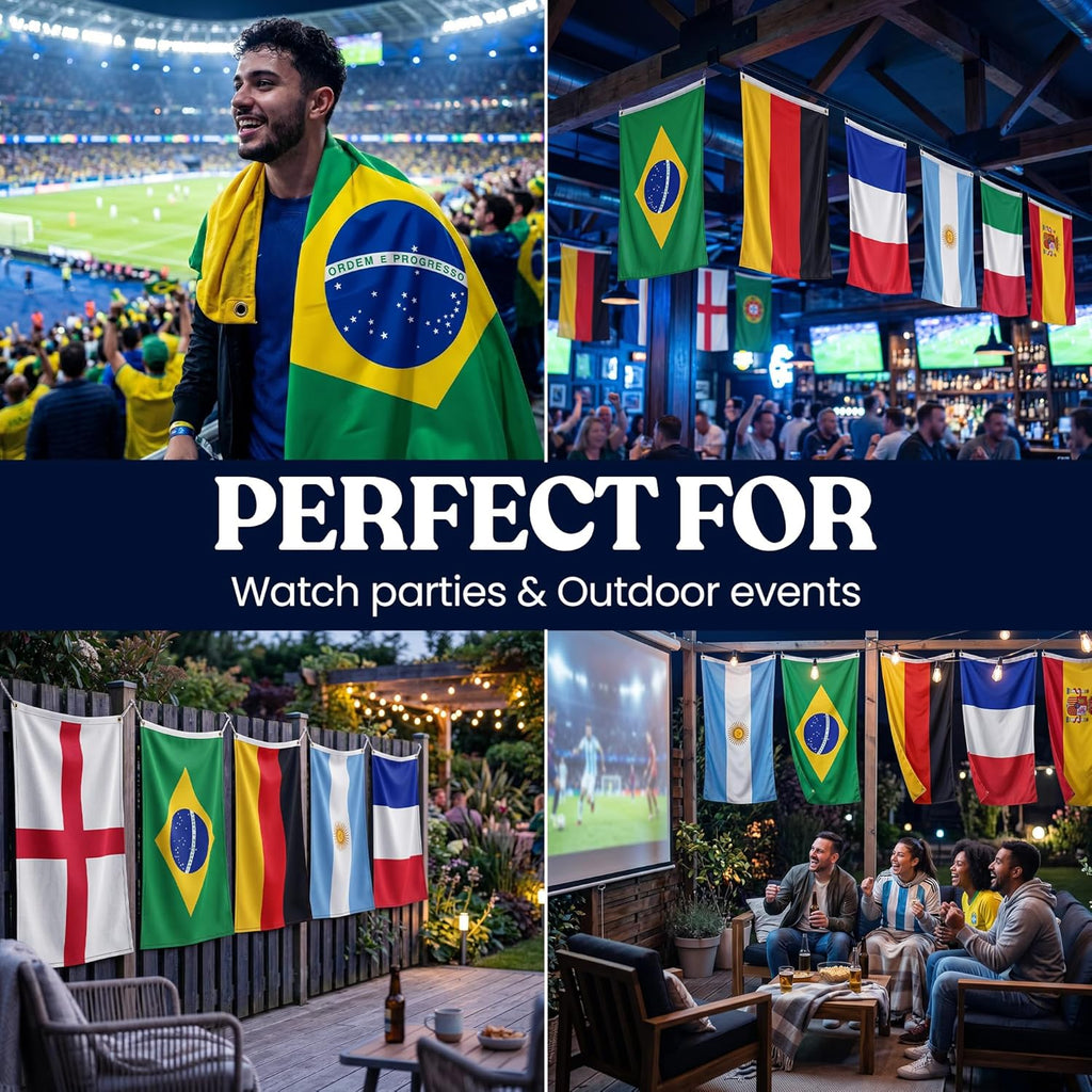 Jester Fiesta 2026 World Cup Football Flags – Complete Set of 48 National Team Flags 90x150cm – Dual-Sided Print, UV Fade Resistant, Brass Grommets – Pub, Bar & Fan Zone - Match Day Decorations