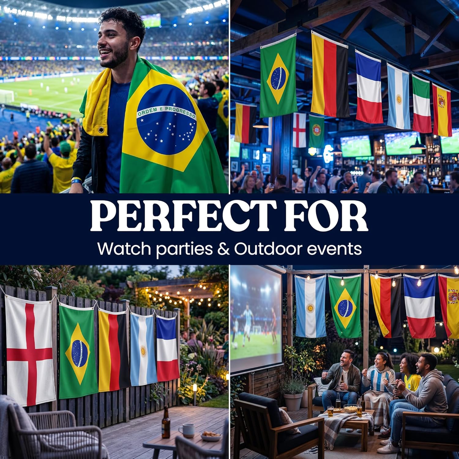 2026 World Cup Football Flags – Complete Set of 48 National Team Flags 90x150cm – Dual-Sided Print, UV Fade Resistant, Brass Grommets – Pub, Bar & Fan Zone - Match Day Decorations
