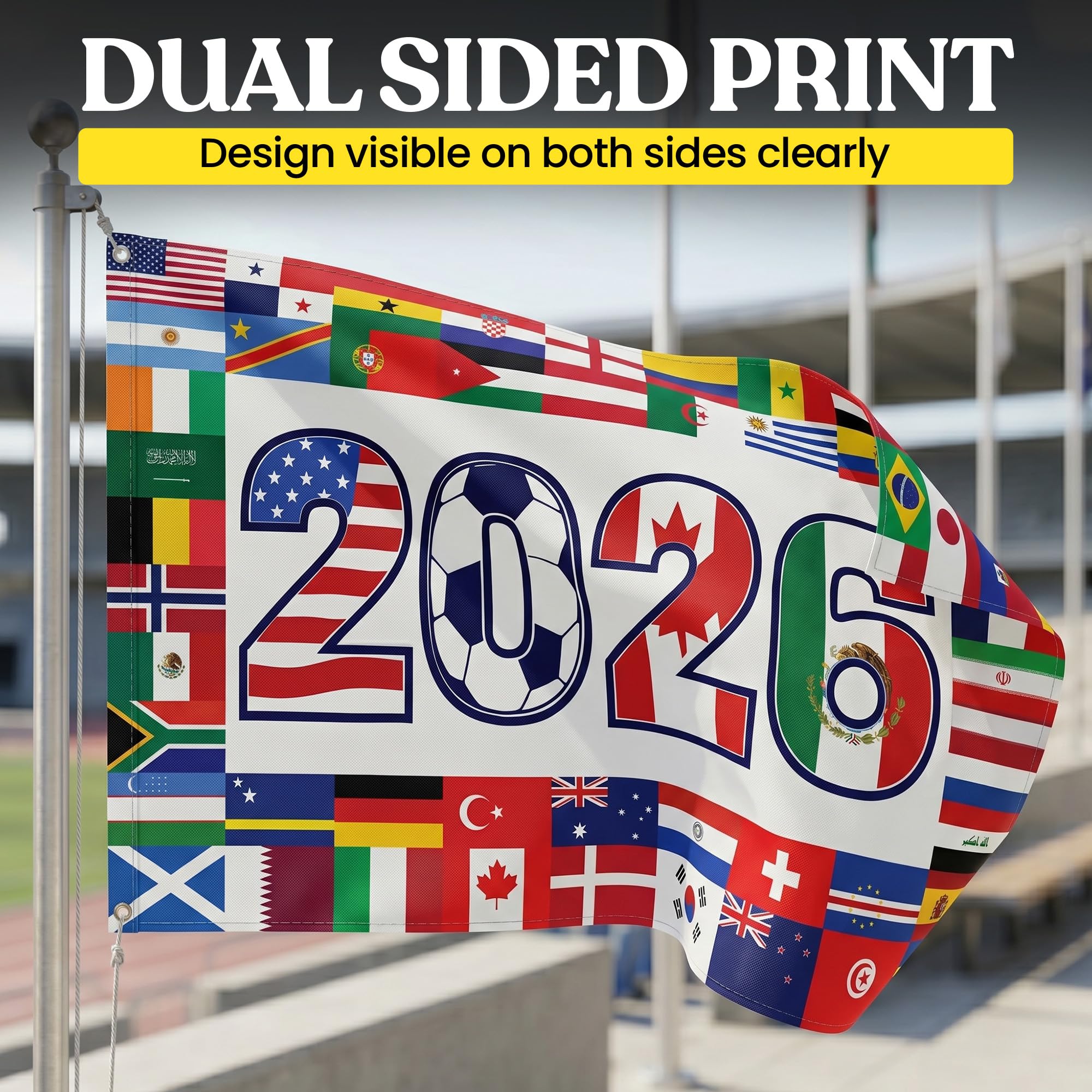 2026 World Cup Welcome Flag 3x5 ft – Double Sided Printed Outdoor Flags with USA, Canada & Mexico Design – Decorative Yard Banner for Soccer Tournament, Lawn, Patio & Sports Fans – Weather Resistant