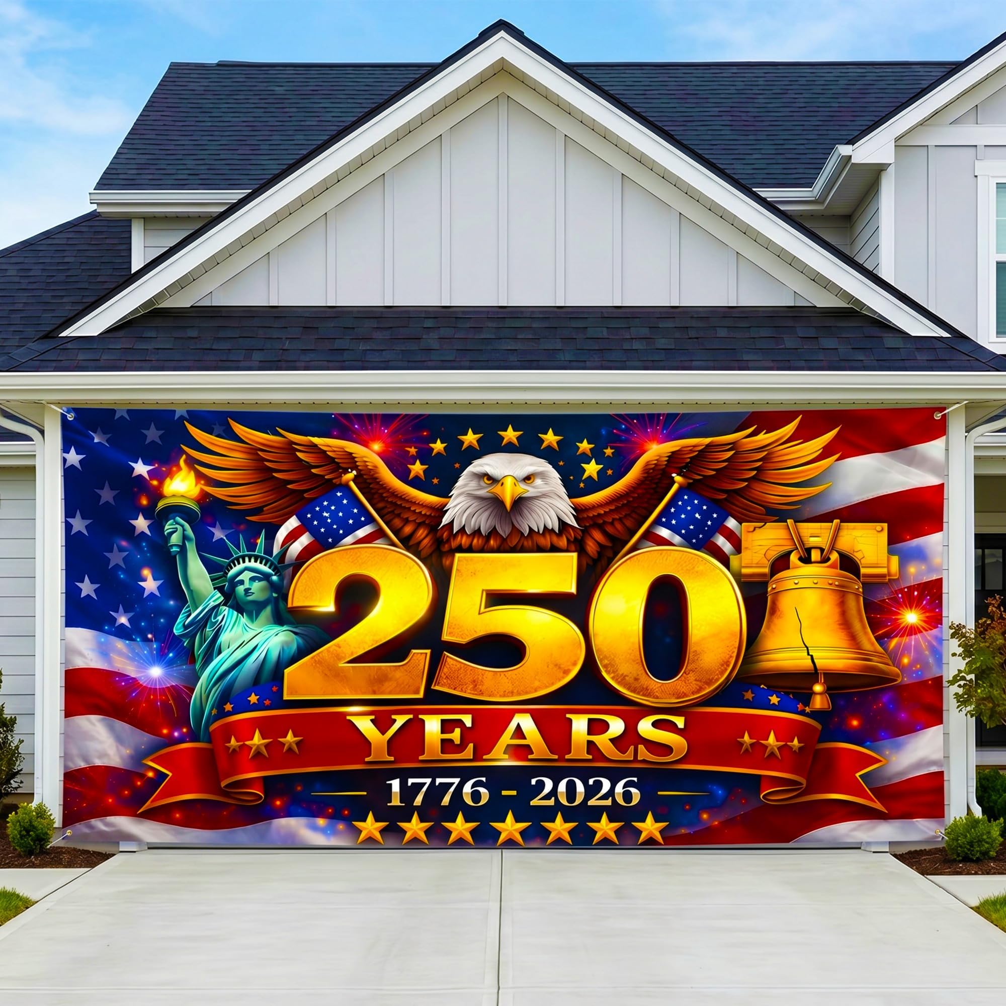 USA 250th Anniversary Garage Door Banner 7x16 Ft – America 1776 2026 Patriotic Bald Eagle Outdoor Large Banner 4th of July, Independence Day, America Home Decor