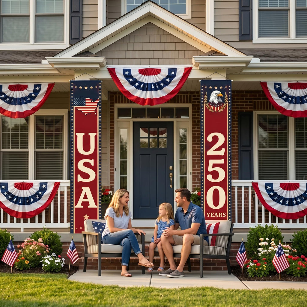 USA 250 Years Porch Banner 14x72 Inch – 2 Patriotic 250th Anniversary Banners For 4th of July Decorations – Red Navy Blue Eagle USA Map Stars - Vertical Hanging Entryway Décor