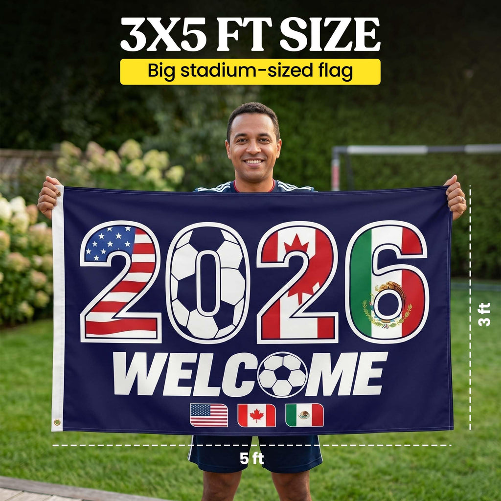 2026 World Cup Welcome Flag 3x5 ft – Double Sided Printed Outdoor Flags with USA, Canada & Mexico Design – Decorative Yard Banner for Soccer Tournament, Lawn, Patio & Sports Fans – Weather Resistant