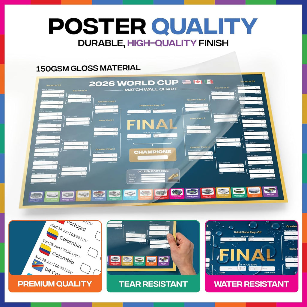 World Cup Wall Chart 2026 | A1 Size 2026 World Cup Football Poster with UK Fixtures, Dates, Kick Off Times, Stadiums & Host Cities | World Cup Sweepstake & Prediction Chart