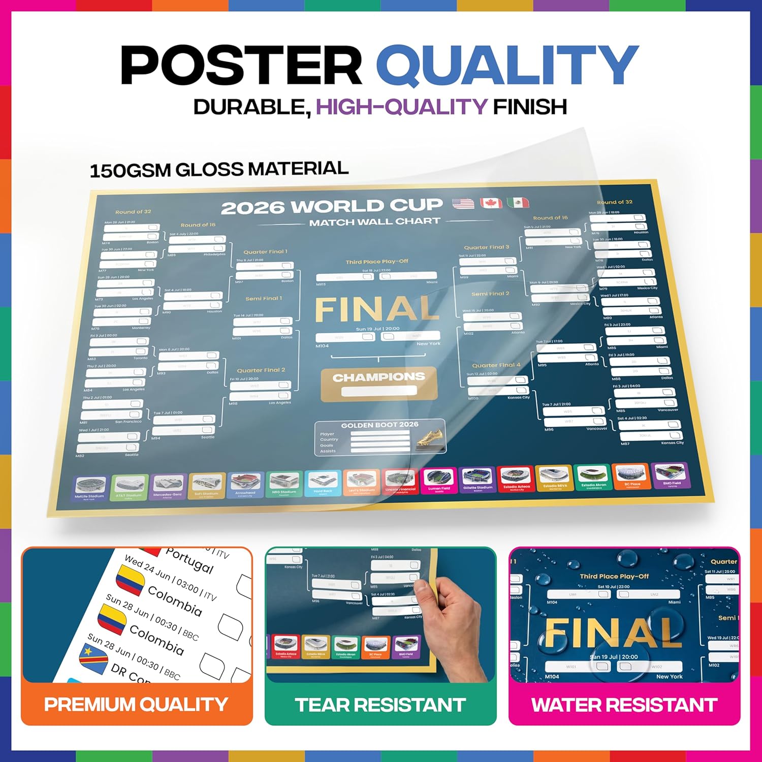 World Cup Wall Chart 2026 | A1 Size 2026 World Cup Football Poster with UK Fixtures, Dates, Kick Off Times, Stadiums & Host Cities | World Cup Sweepstake & Prediction Chart