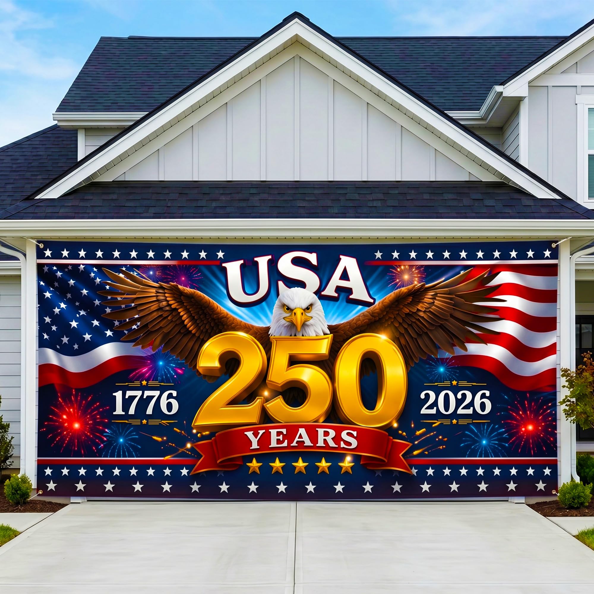 USA 250th Anniversary Garage Door Banner 7x16 Ft – America 1776 2026 Patriotic Bald Eagle Outdoor Large Banner 4th of July, Independence Day, America Home Decor