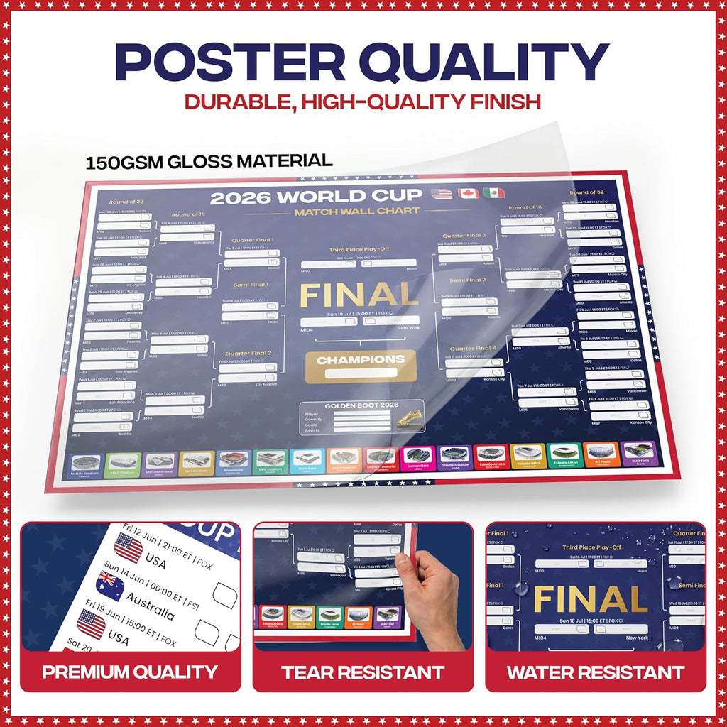 World Cup Wall Chart 2026 | USA Theme - A1 Size 2026 World Cup Football Poster with US Fixtures, Dates, Kick Off Times, Stadiums & Host Cities | World Cup Sweepstake & Prediction Chart