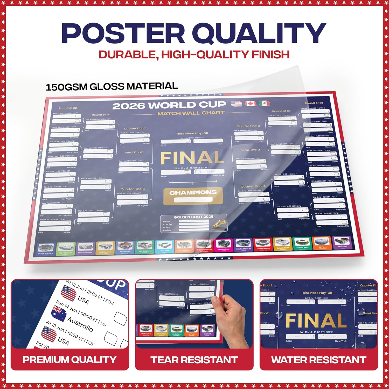 World Cup Wall Chart 2026 | USA Theme - A1 Size 2026 World Cup Football Poster with US Fixtures, Dates, Kick Off Times, Stadiums & Host Cities | World Cup Sweepstake & Prediction Chart