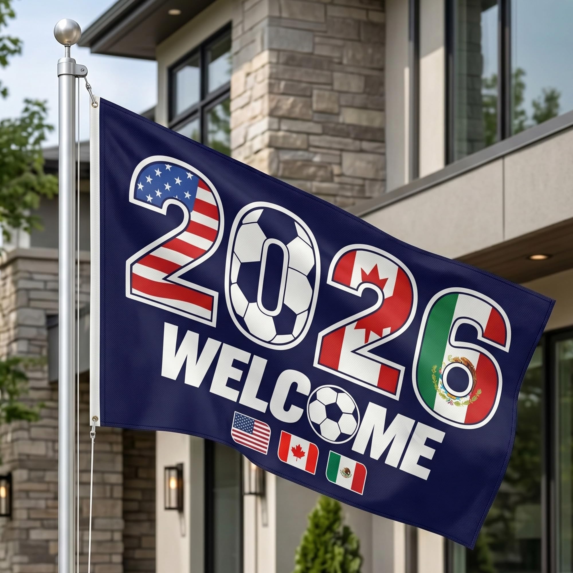 2026 World Cup Welcome Flag 3x5 ft – Double Sided Printed Outdoor Flags with USA, Canada & Mexico Design – Decorative Yard Banner for Soccer Tournament, Lawn, Patio & Sports Fans – Weather Resistant