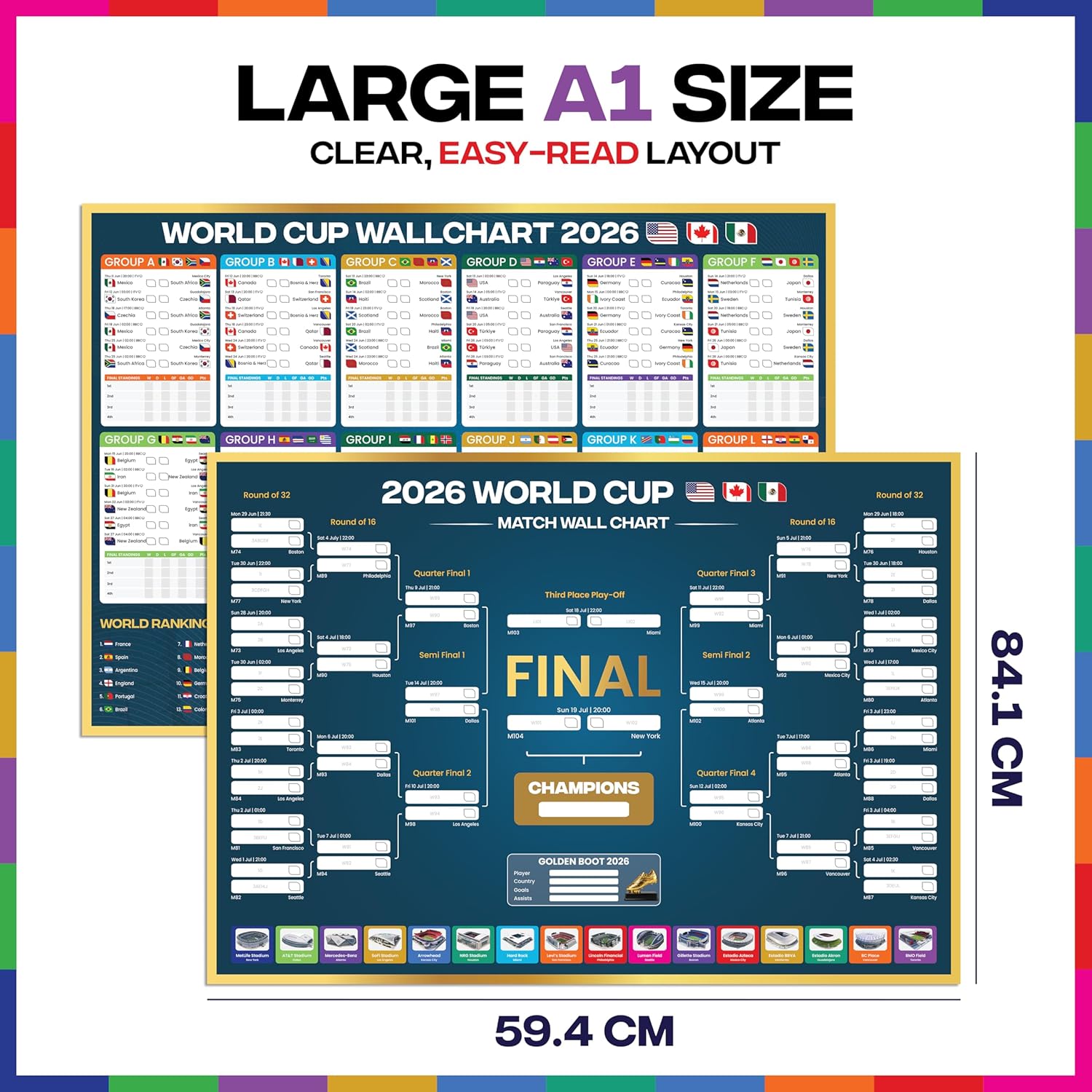 World Cup Wall Chart 2026 | A1 Size 2026 World Cup Football Poster with UK Fixtures, Dates, Kick Off Times, Stadiums & Host Cities | World Cup Sweepstake & Prediction Chart