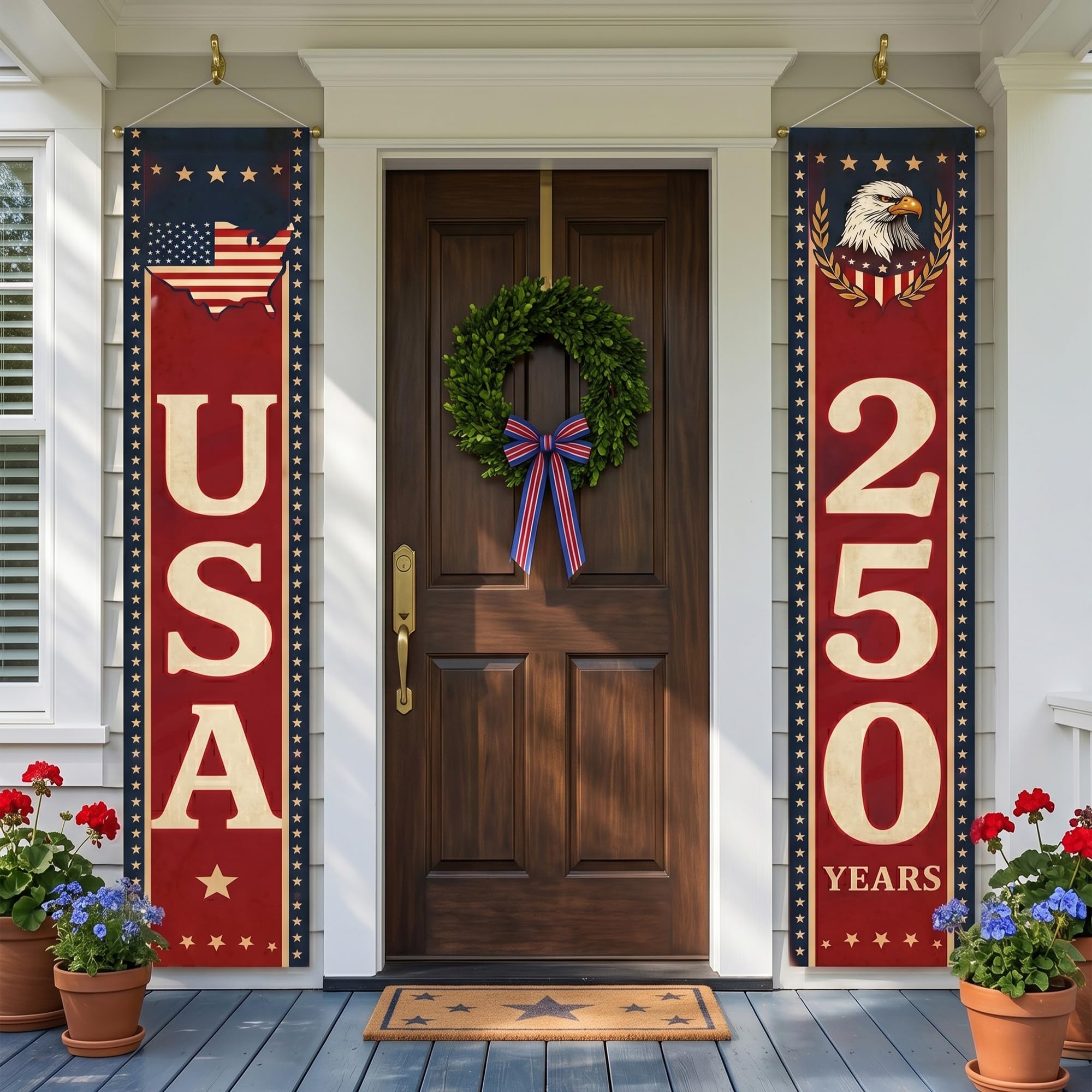 USA 250 Years Porch Banner 14x72 Inch – 2 Patriotic 250th Anniversary Banners For 4th of July Decorations – Red Navy Blue Eagle USA Map Stars - Vertical Hanging Entryway Décor