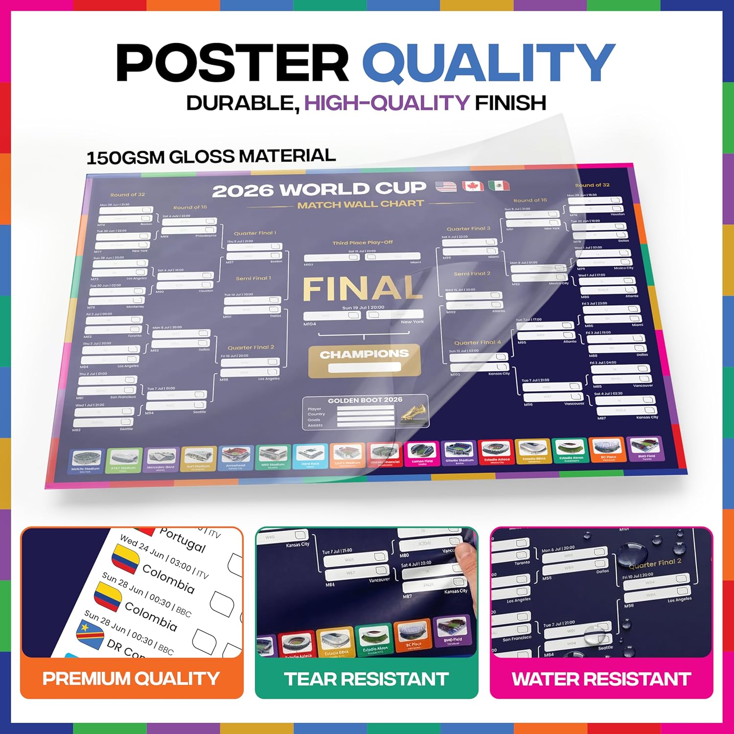 World Cup Wall Chart 2026 | A1 Size 2026 World Cup Football Poster with UK Fixtures, Dates, Kick Off Times, Stadiums & Host Cities | World Cup Sweepstake & Prediction Chart