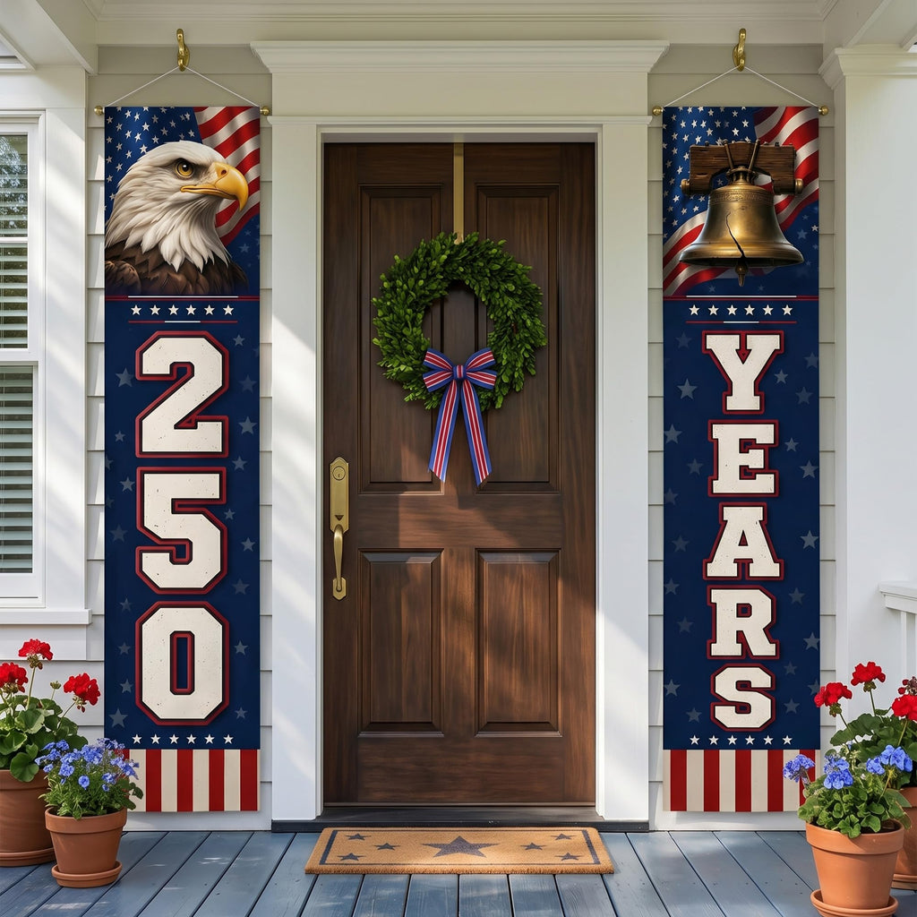 USA 250 Years Porch Banner 14x72 Inch – 2 Patriotic 250th Anniversary Banners For 4th of July Decorations – Red Navy Blue Eagle USA Map Stars - Vertical Hanging Entryway Décor