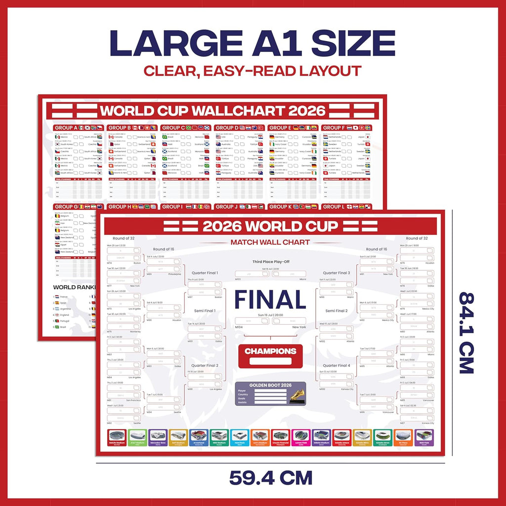 World Cup Wall Chart 2026 | A1 Size 2026 World Cup Football Poster with UK Fixtures, Dates, Kick Off Times, Stadiums & Host Cities | Sweepstake & Prediction Chart