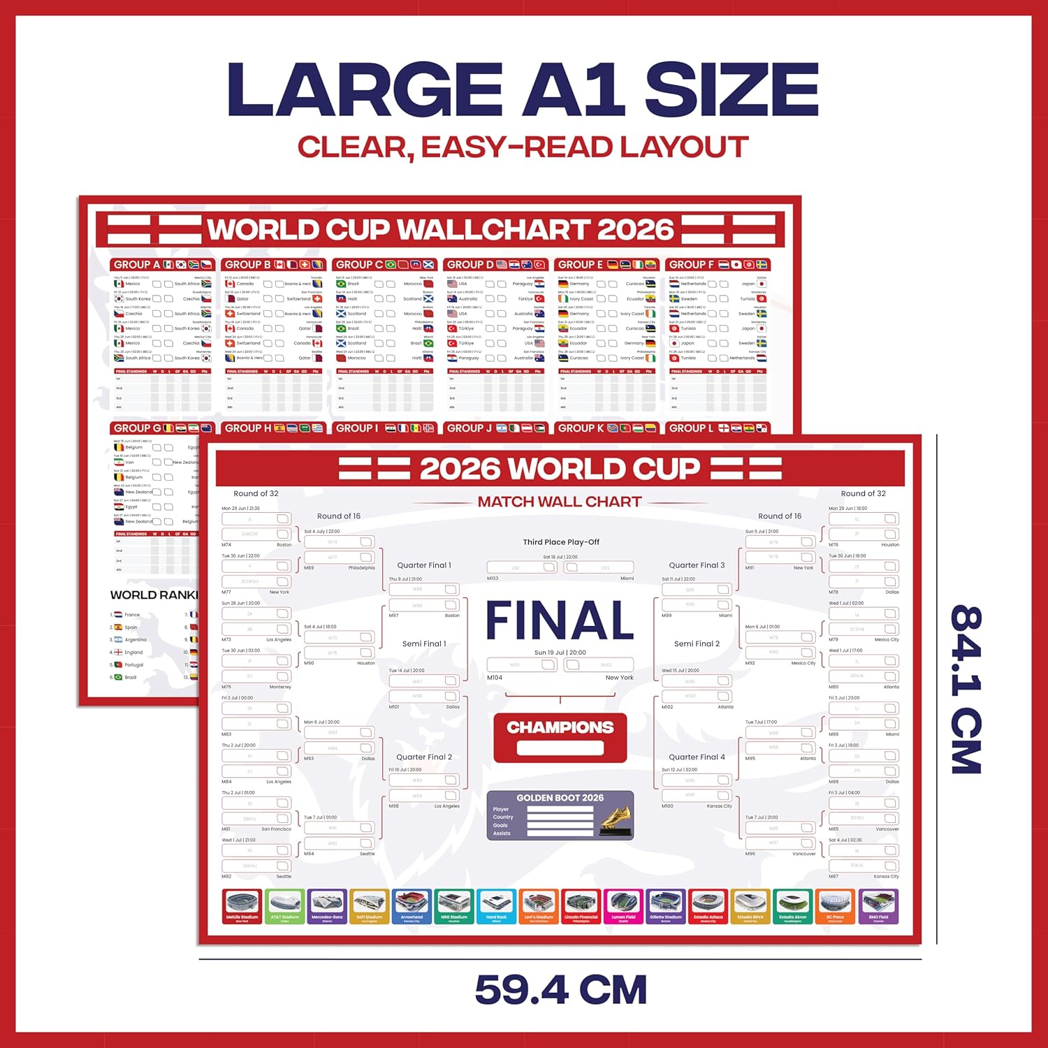 World Cup Wall Chart 2026 | A1 Size 2026 World Cup Football Poster with UK Fixtures, Dates, Kick Off Times, Stadiums & Host Cities | Sweepstake & Prediction Chart