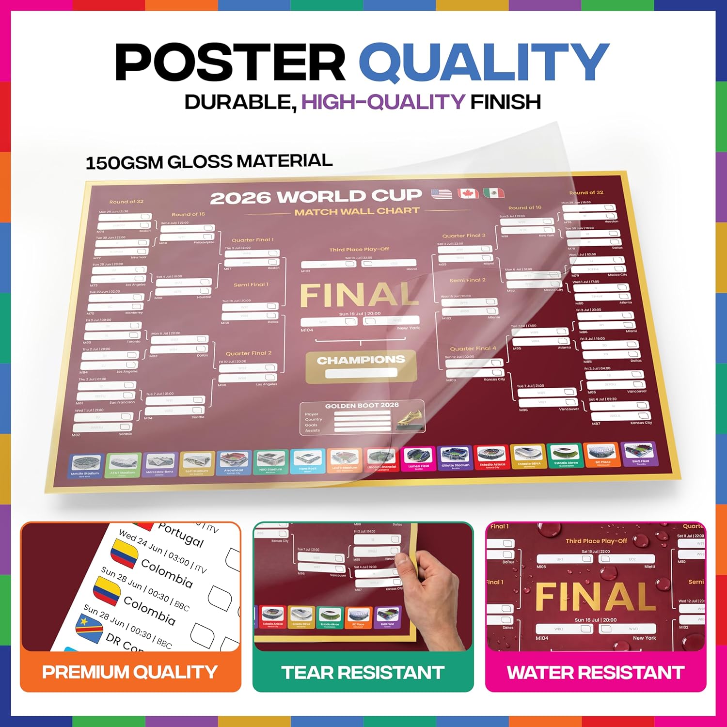 World Cup Wall Chart 2026 | A1 Size 2026 World Cup Football Poster with UK Fixtures, Dates, Kick Off Times, Stadiums & Host Cities | World Cup Sweepstake & Prediction Chart