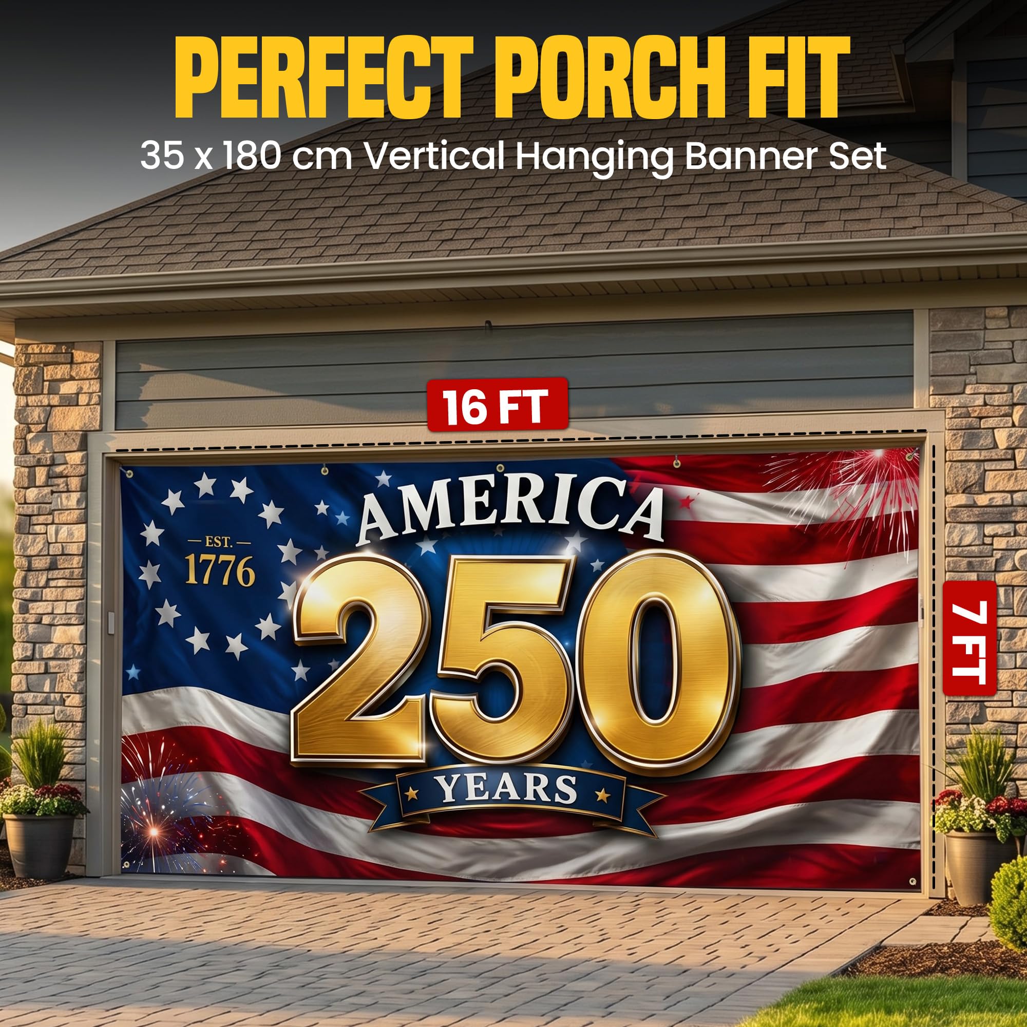USA 250th Anniversary Garage Door Banner 7x16 Ft – America 1776 2026 Patriotic Bald Eagle Outdoor Large Banner 4th of July, Independence Day, America Home Decor