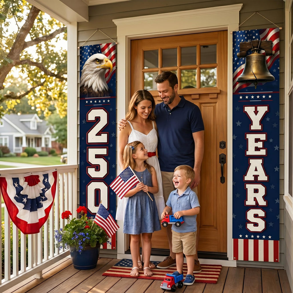 USA 250 Years Porch Banner 14x72 Inch – 2 Patriotic 250th Anniversary Banners For 4th of July Decorations – Red Navy Blue Eagle USA Map Stars - Vertical Hanging Entryway Décor