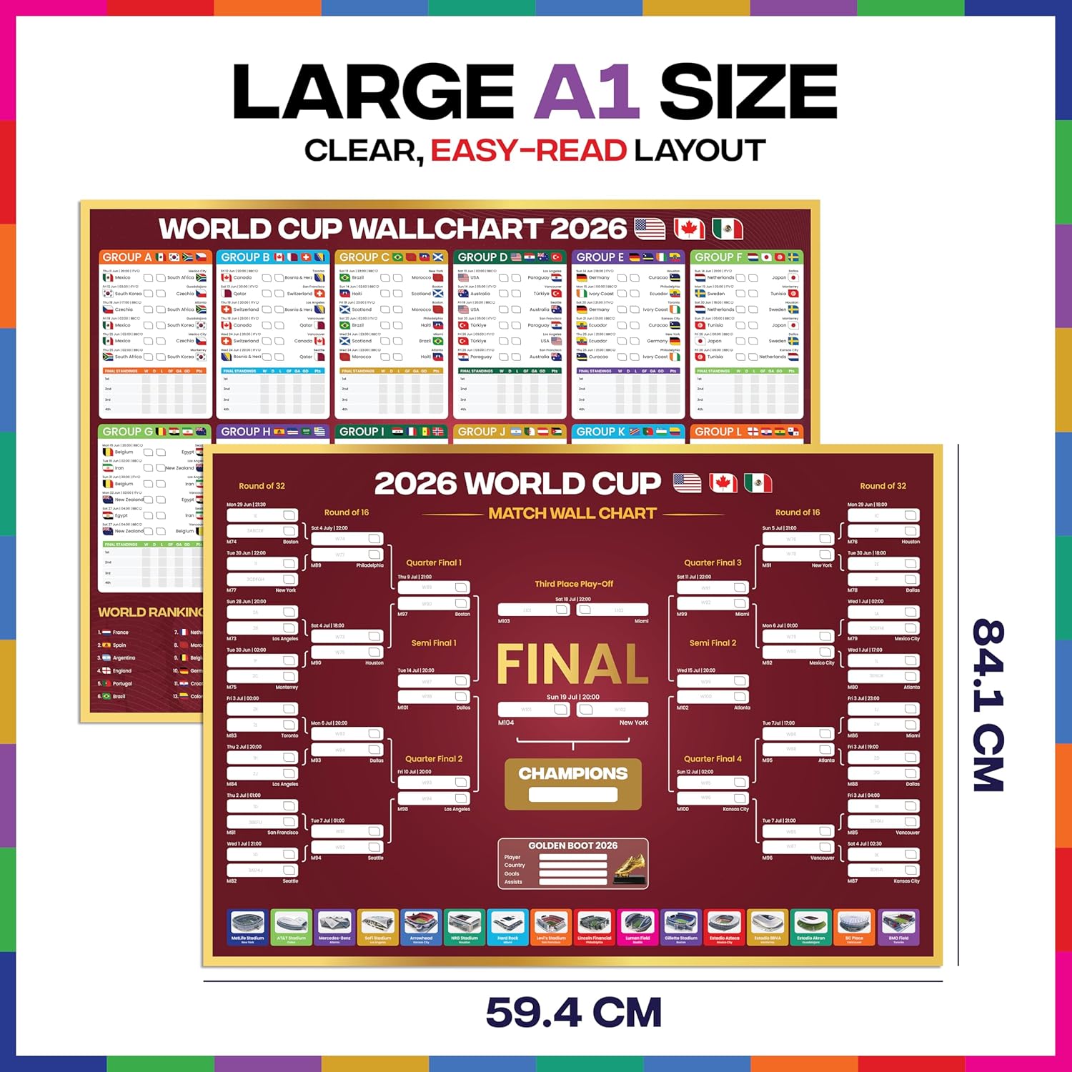 World Cup Wall Chart 2026 | A1 Size 2026 World Cup Football Poster with UK Fixtures, Dates, Kick Off Times, Stadiums & Host Cities | World Cup Sweepstake & Prediction Chart