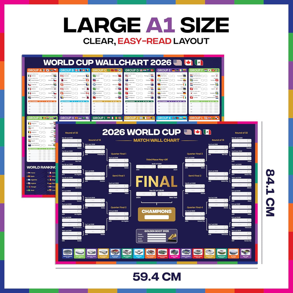 World Cup Wall Chart 2026 | A1 Size 2026 World Cup Football Poster with UK Fixtures, Dates, Kick Off Times, Stadiums & Host Cities | World Cup Sweepstake & Prediction Chart