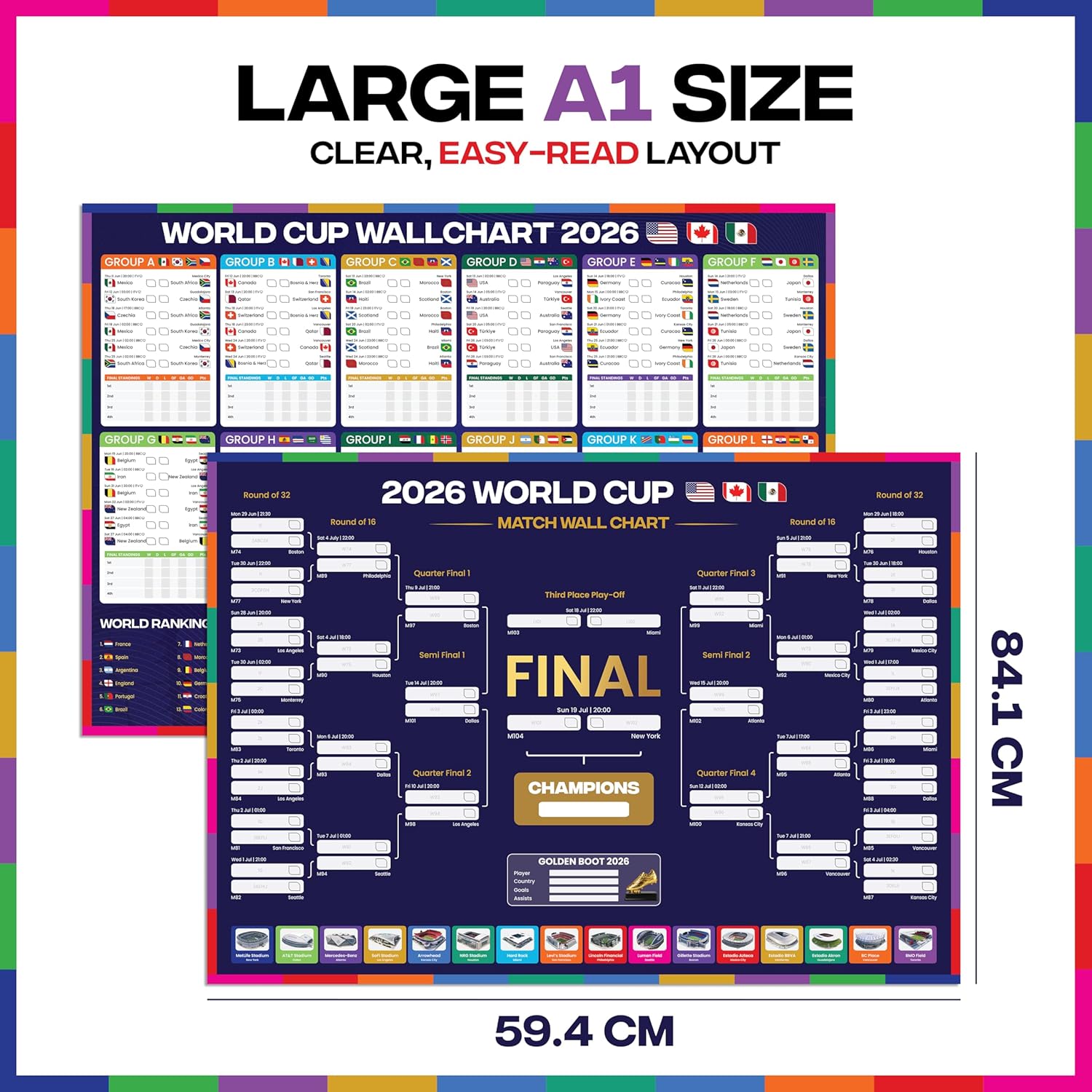 World Cup Wall Chart 2026 | A1 Size 2026 World Cup Football Poster with UK Fixtures, Dates, Kick Off Times, Stadiums & Host Cities | World Cup Sweepstake & Prediction Chart