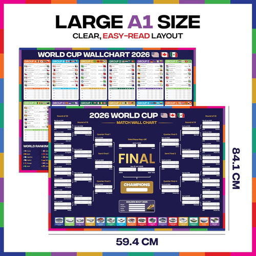 World Cup Wall Chart 2026 | A1 Size 2026 World Cup Football Poster with UK Fixtures, Dates, Kick Off Times, Stadiums & Host Cities | World Cup Sweepstake & Prediction Chart