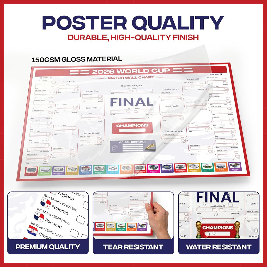 World Cup Wall Chart 2026 | A1 Size 2026 World Cup Football Poster with UK Fixtures, Dates, Kick Off Times, Stadiums & Host Cities | Sweepstake & Prediction Chart