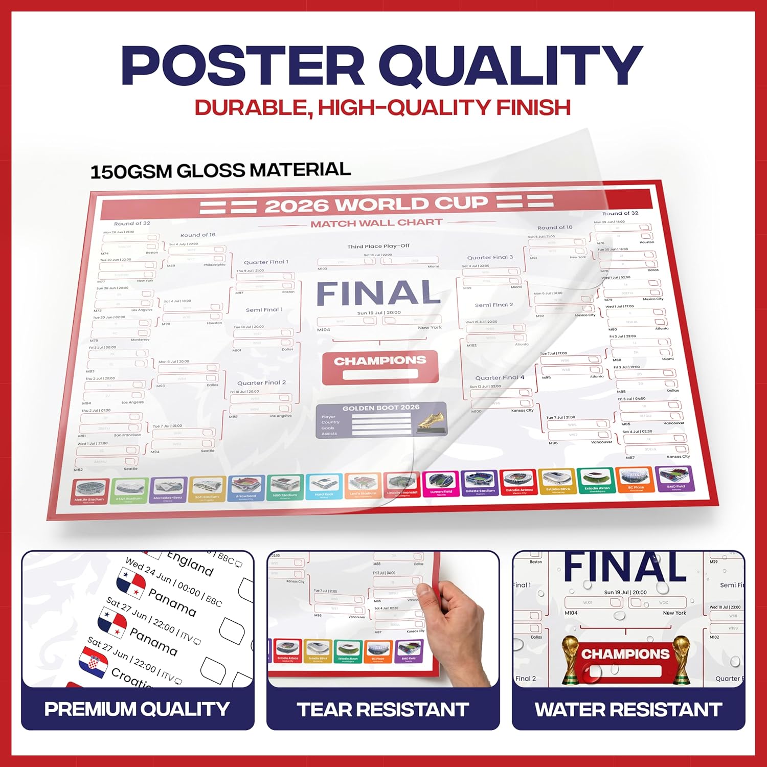 World Cup Wall Chart 2026 | A1 Size 2026 World Cup Football Poster with UK Fixtures, Dates, Kick Off Times, Stadiums & Host Cities | Sweepstake & Prediction Chart