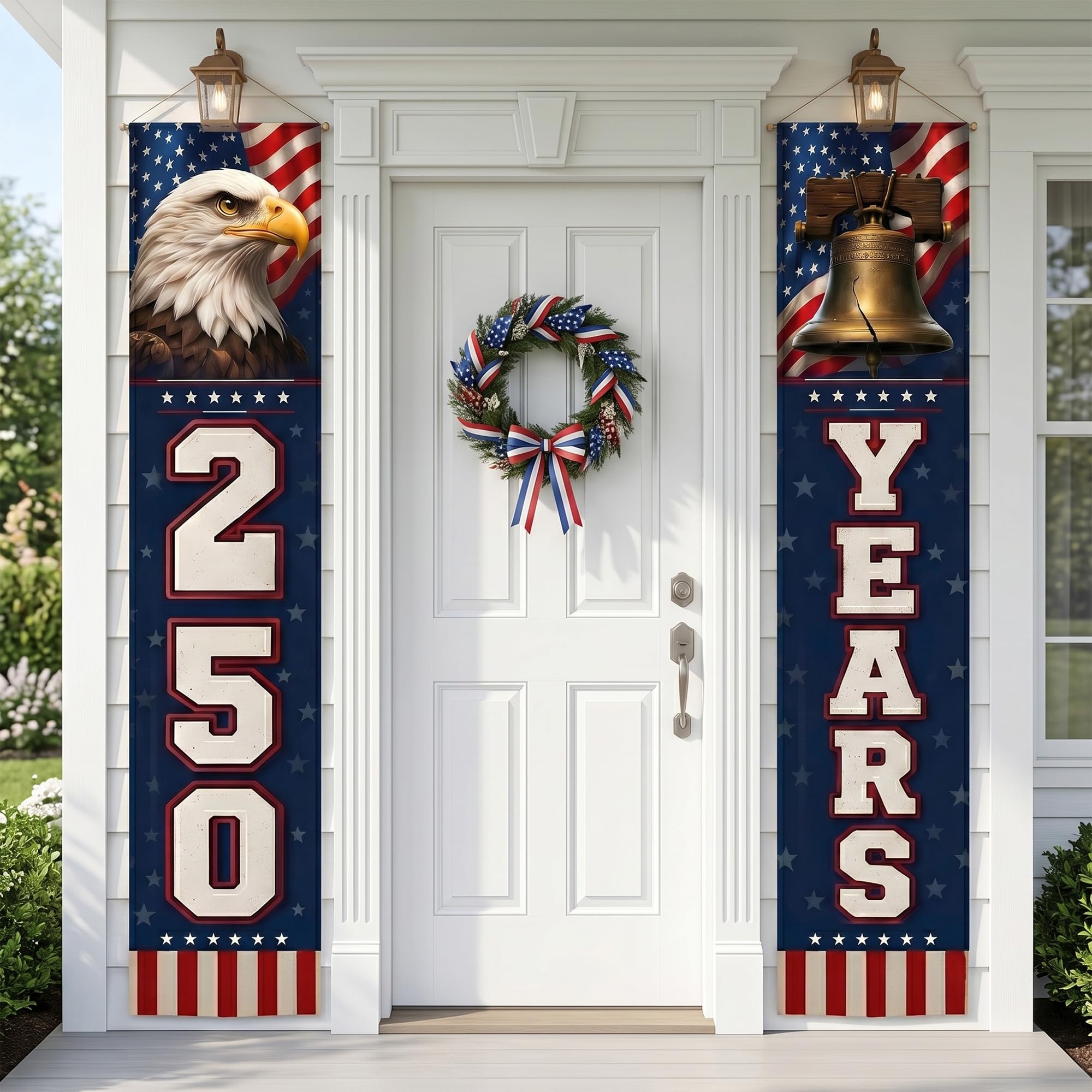 USA 250 Years Porch Banner 14x72 Inch – 2 Patriotic 250th Anniversary Banners For 4th of July Decorations – Red Navy Blue Eagle USA Map Stars - Vertical Hanging Entryway Décor