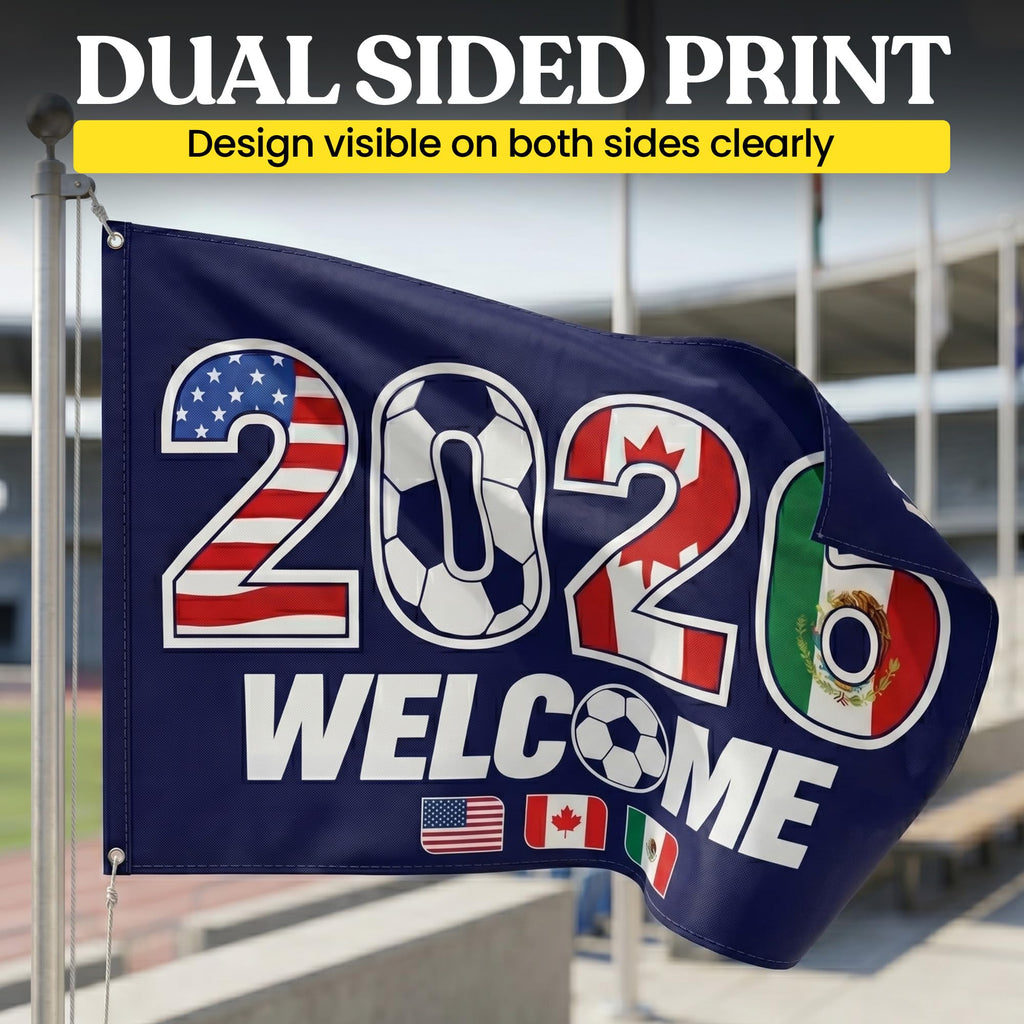 2026 World Cup Welcome Flag 3x5 ft – Double Sided Printed Outdoor Flags with USA, Canada & Mexico Design – Decorative Yard Banner for Soccer Tournament, Lawn, Patio & Sports Fans – Weather Resistant