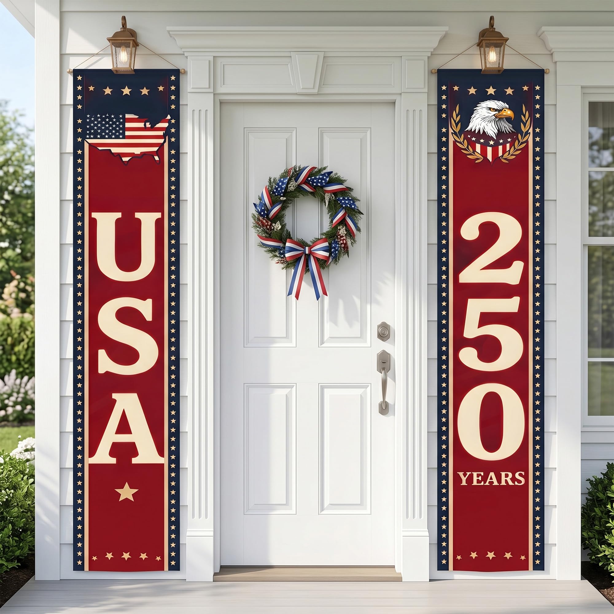 USA 250 Years Porch Banner 14x72 Inch – 2 Patriotic 250th Anniversary Banners For 4th of July Decorations – Red Navy Blue Eagle USA Map Stars - Vertical Hanging Entryway Décor