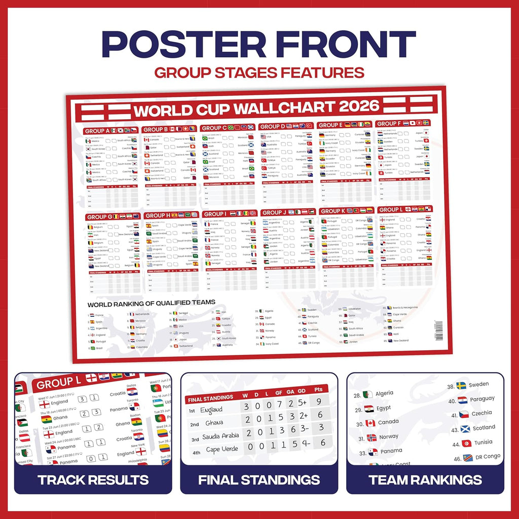 World Cup Wall Chart 2026 | A1 Size 2026 World Cup Football Poster with UK Fixtures, Dates, Kick Off Times, Stadiums & Host Cities | Sweepstake & Prediction Chart
