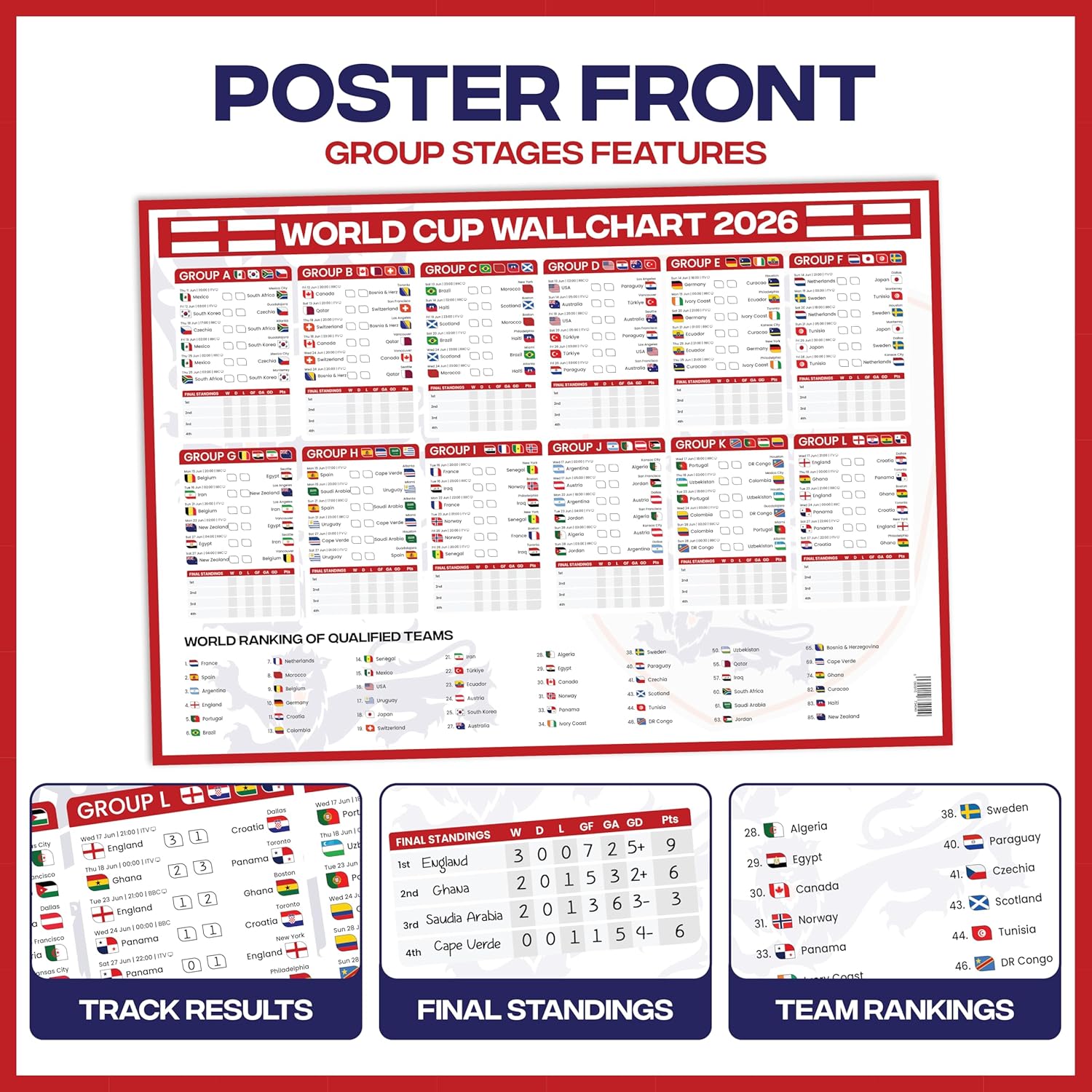 World Cup Wall Chart 2026 | A1 Size 2026 World Cup Football Poster with UK Fixtures, Dates, Kick Off Times, Stadiums & Host Cities | Sweepstake & Prediction Chart