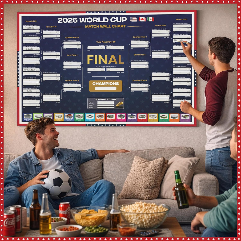 World Cup Wall Chart 2026 | USA Theme - A1 Size 2026 World Cup Football Poster with US Fixtures, Dates, Kick Off Times, Stadiums & Host Cities | World Cup Sweepstake & Prediction Chart