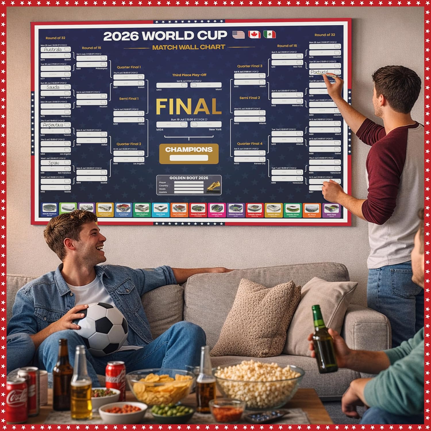 World Cup Wall Chart 2026 | USA Theme - A1 Size 2026 World Cup Football Poster with US Fixtures, Dates, Kick Off Times, Stadiums & Host Cities | World Cup Sweepstake & Prediction Chart