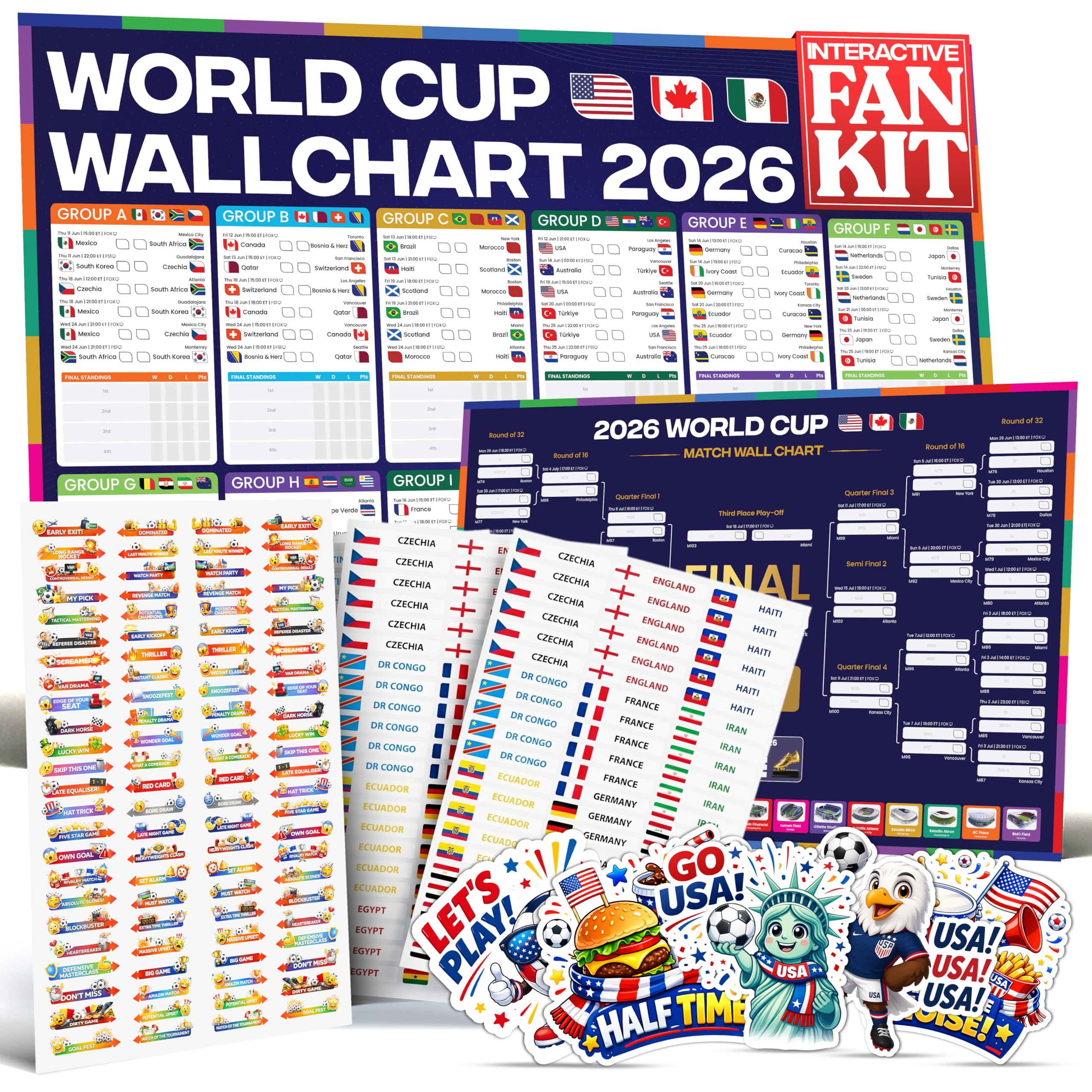 2026 World Cup Wall Chart Ultimate Kit – Large Tournament Bracket Poster + 288 Country Stickers, Action Stickers, Sweepstake Kit, Predictions Cards, Schedule & Accessories – Soccer Fan Party Pack