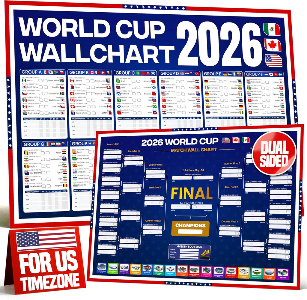World Cup Wall Chart 2026 | USA Theme - A1 Size 2026 World Cup Football Poster with US Fixtures, Dates, Kick Off Times, Stadiums & Host Cities | World Cup Sweepstake & Prediction Chart