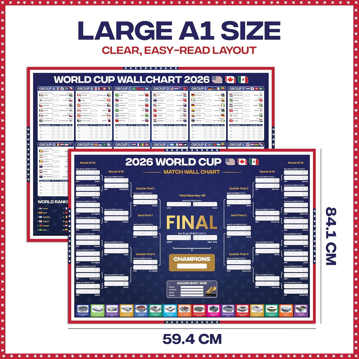 World Cup Wall Chart 2026 | USA Theme - A1 Size 2026 World Cup Football Poster with US Fixtures, Dates, Kick Off Times, Stadiums & Host Cities | World Cup Sweepstake & Prediction Chart