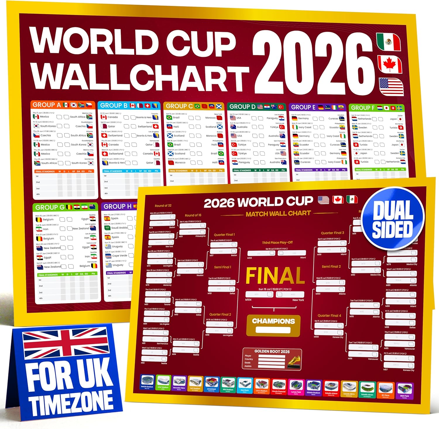 World Cup Wall Chart 2026 | A1 Size 2026 World Cup Football Poster with UK Fixtures, Dates, Kick Off Times, Stadiums & Host Cities | World Cup Sweepstake & Prediction Chart