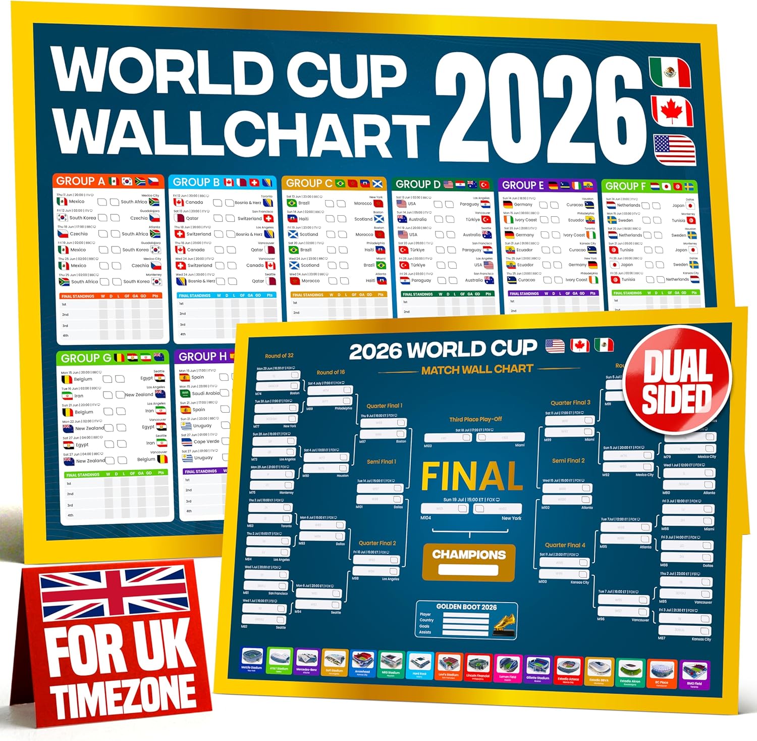 World Cup Wall Chart 2026 | A1 Size 2026 World Cup Football Poster with UK Fixtures, Dates, Kick Off Times, Stadiums & Host Cities | World Cup Sweepstake & Prediction Chart