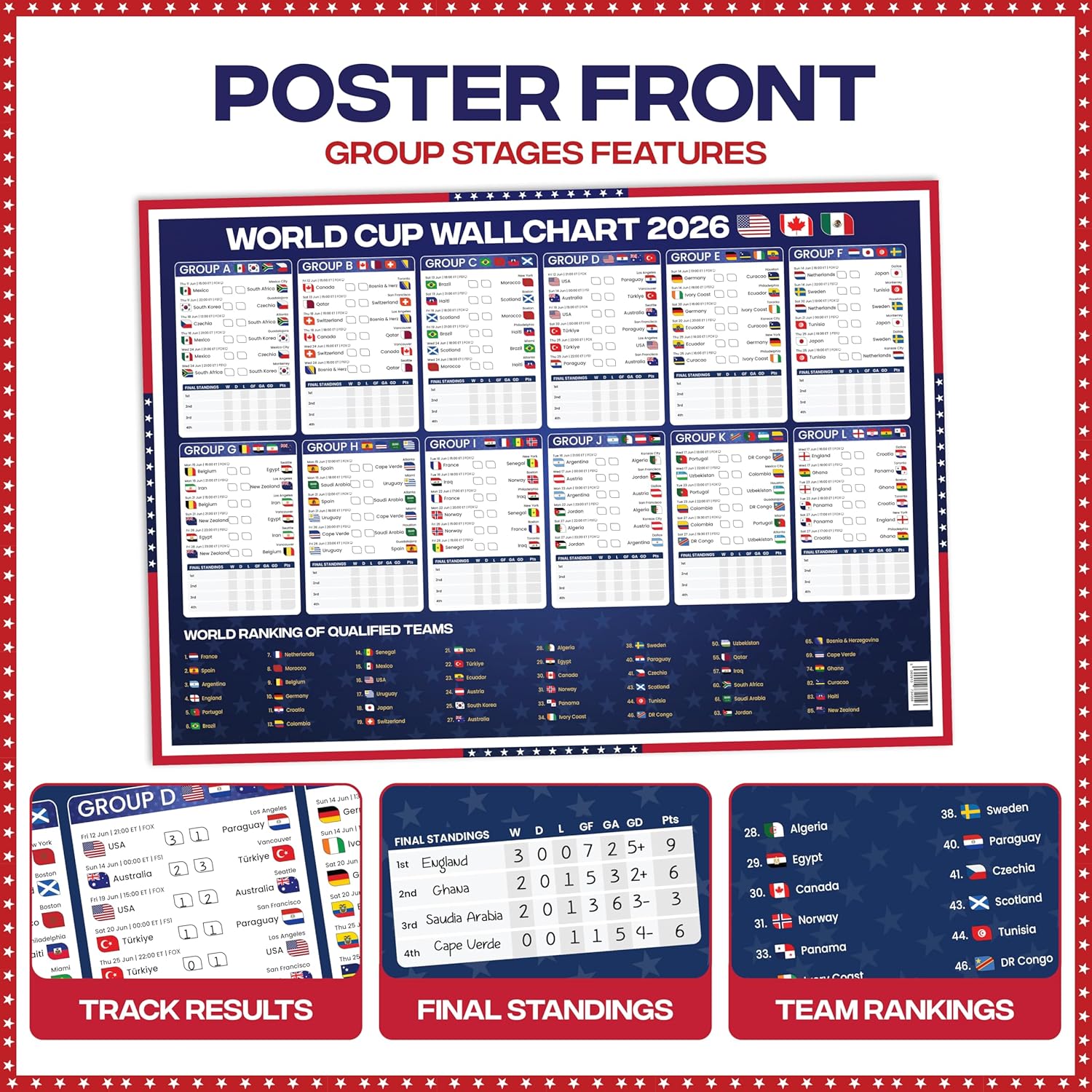 World Cup Wall Chart 2026 | USA Theme - A1 Size 2026 World Cup Football Poster with US Fixtures, Dates, Kick Off Times, Stadiums & Host Cities | World Cup Sweepstake & Prediction Chart