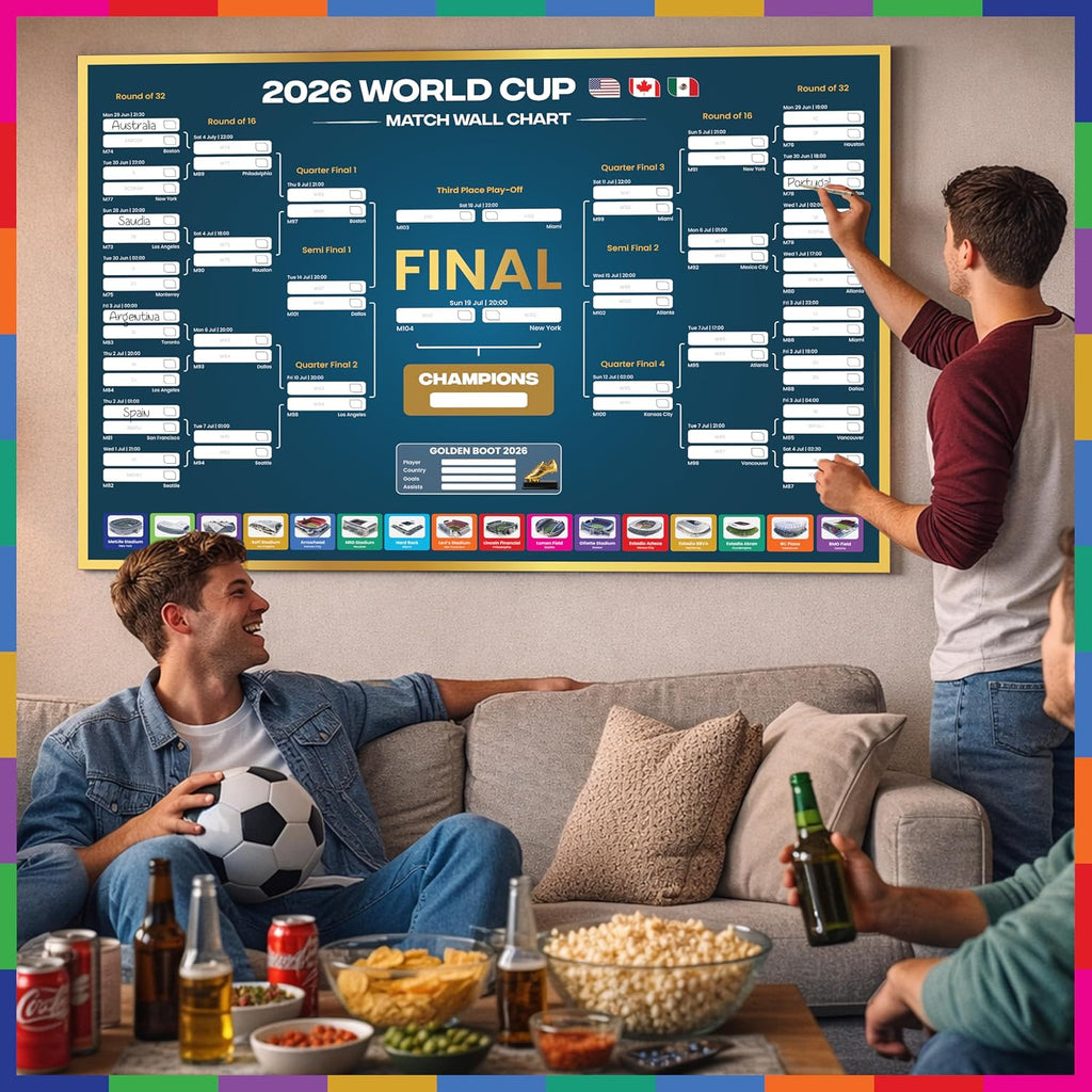 World Cup Wall Chart 2026 | A1 Size 2026 World Cup Football Poster with UK Fixtures, Dates, Kick Off Times, Stadiums & Host Cities | World Cup Sweepstake & Prediction Chart