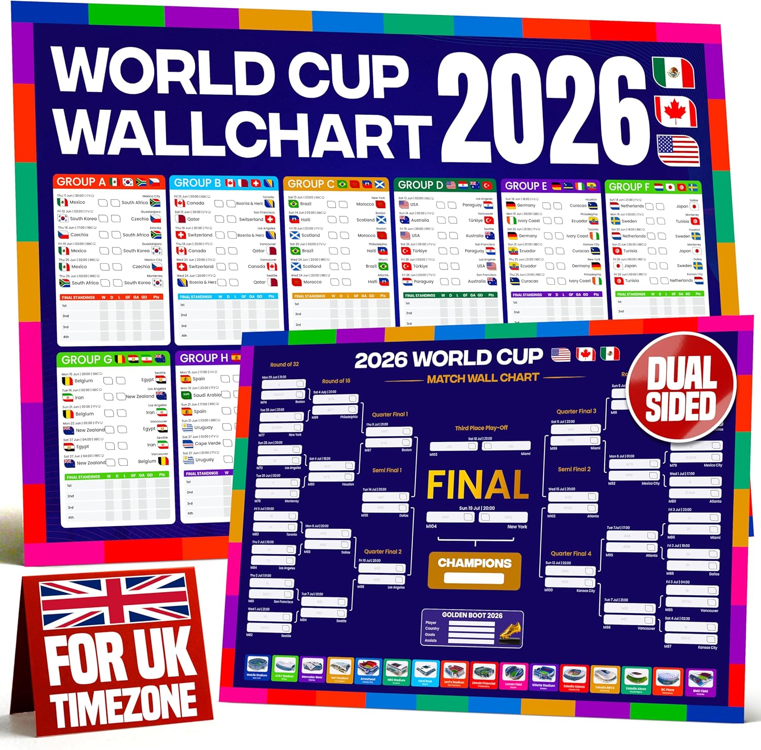 World Cup Wall Chart 2026 | A1 Size 2026 World Cup Football Poster with UK Fixtures, Dates, Kick Off Times, Stadiums & Host Cities | World Cup Sweepstake & Prediction Chart